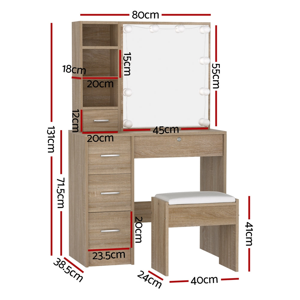 Dressing Table Set Stool 10 Led Bulbs Wood with drawers, mirror, and cushioned stool in light wood finish