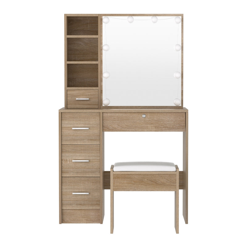 Dressing Table Set Stool 10 Led Bulbs Wood with multiple drawers, shelves, illuminated mirror, and matching stool in natural wood finish.