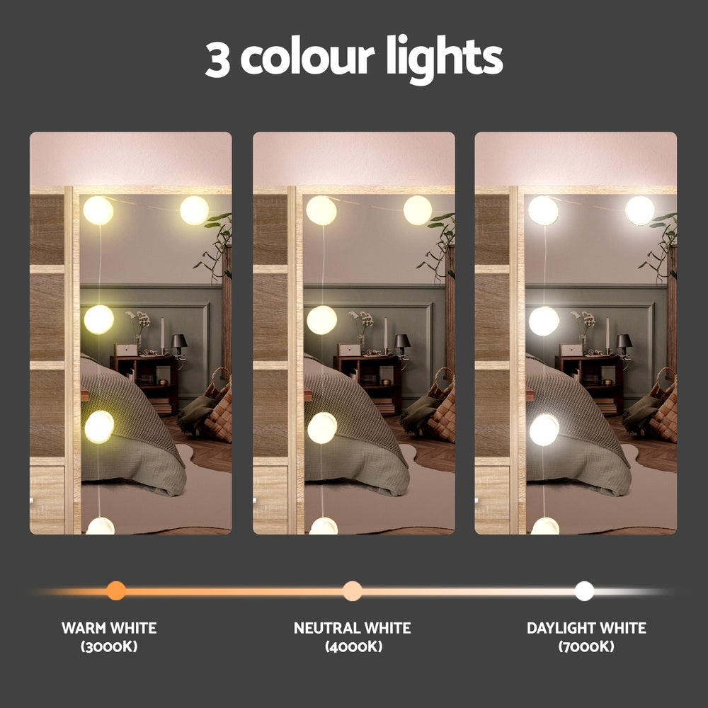 Dressing Table Set Stool 10 Led Bulbs Wood with three lighting modes: warm white, neutral white, and daylight white.