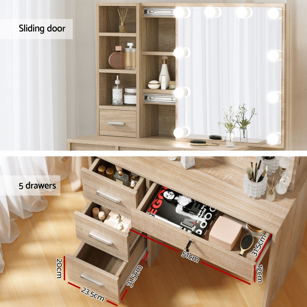 Dressing Table Set Stool 10 Led Bulbs Wood with sliding door, 5 drawers, and lighted mirror in bedroom furniture style