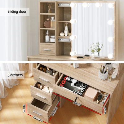 Dressing Table Set Stool 10 Led Bulbs Wood with sliding door, 5 drawers, and lighted mirror in bedroom furniture style