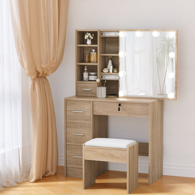 Dressing Table Set Stool 10 Led Bulbs Wood with storage drawers, illuminated mirror, and cushioned stool in bedroom setting