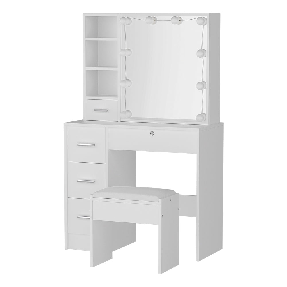 Dressing Table Set Stool 10 Led Bulbs White Dylan with mirror, storage drawers, shelves, and cushioned stool in white finish
