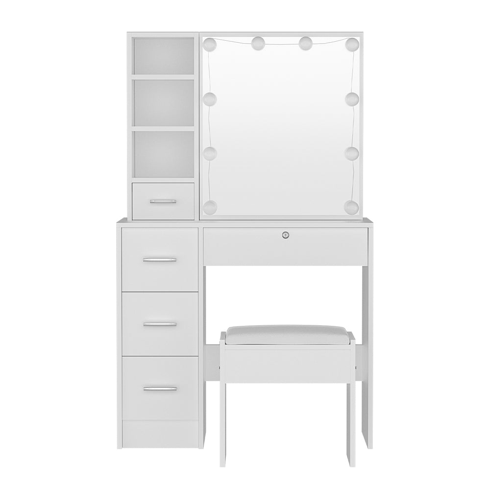 Dressing Table Set Stool 10 Led Bulbs White Dylan with mirror, storage drawers, cushioned stool, and bright round LED bulbs