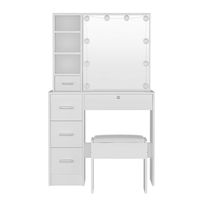 Dressing Table Set Stool 10 Led Bulbs White Dylan with mirror, storage drawers, cushioned stool, and bright round LED bulbs