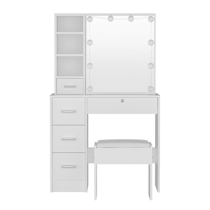Dressing Table Set Stool 10 Led Bulbs White Dylan with mirror, storage drawers, cushioned stool, and bright round LED bulbs