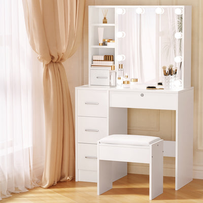 Dressing Table Set Stool 10 Led Bulbs White Dylan with drawers, cushioned stool, and illuminated mirror in bright room setting
