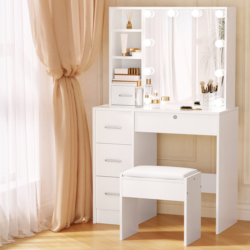 Dressing Table Set Stool 10 Led Bulbs White Dylan with drawers, cushioned stool, and illuminated mirror in bright room setting