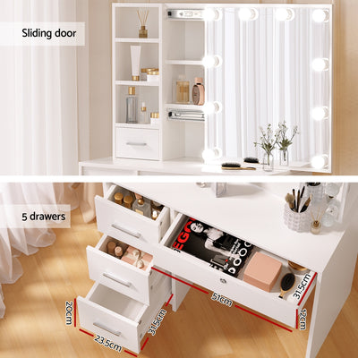 Dressing Table Set Stool 10 Led Bulbs White Dylan with sliding door, five drawers, and lit mirror on white MDF finish