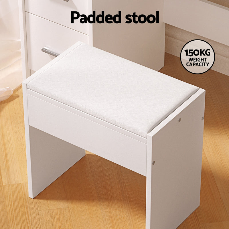 Dressing Table Set Stool 10 Led Bulbs White Dylan with padded seat and sturdy 150kg weight capacity on wooden floor