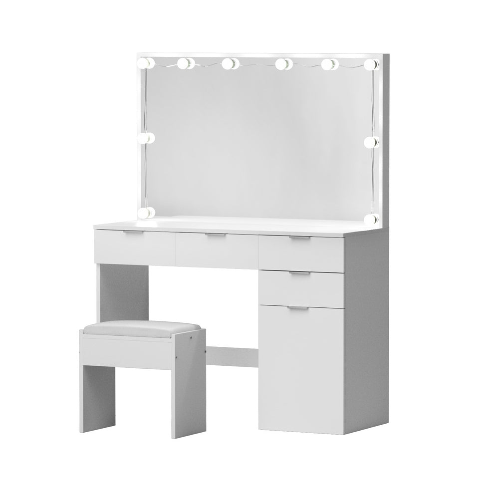 Dressing Table Set Stool 10 Led Bulbs White with drawers, cushioned stool, and bright LED bulbs around large mirror