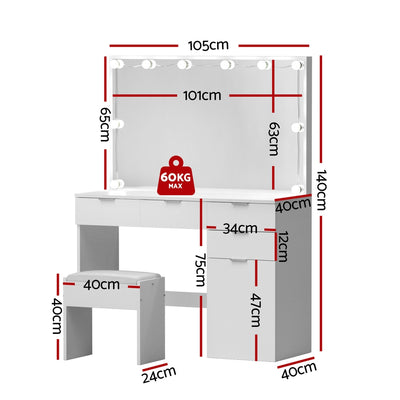 Dressing Table Set Stool 10 Led Bulbs White with mirror, 10 LED bulbs, drawers, and padded stool for bedroom furniture
