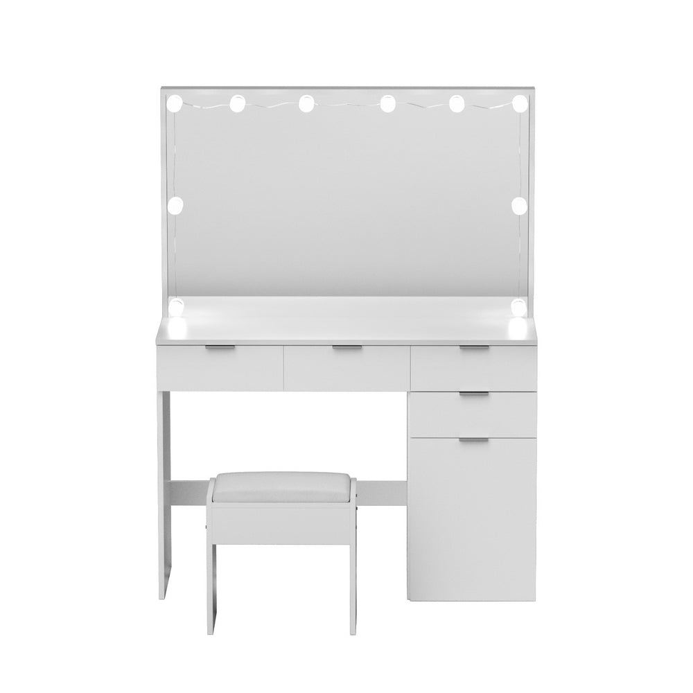 Dressing Table Set Stool 10 Led Bulbs White with large mirror, three drawers, and cushioned stool in bedroom furniture style