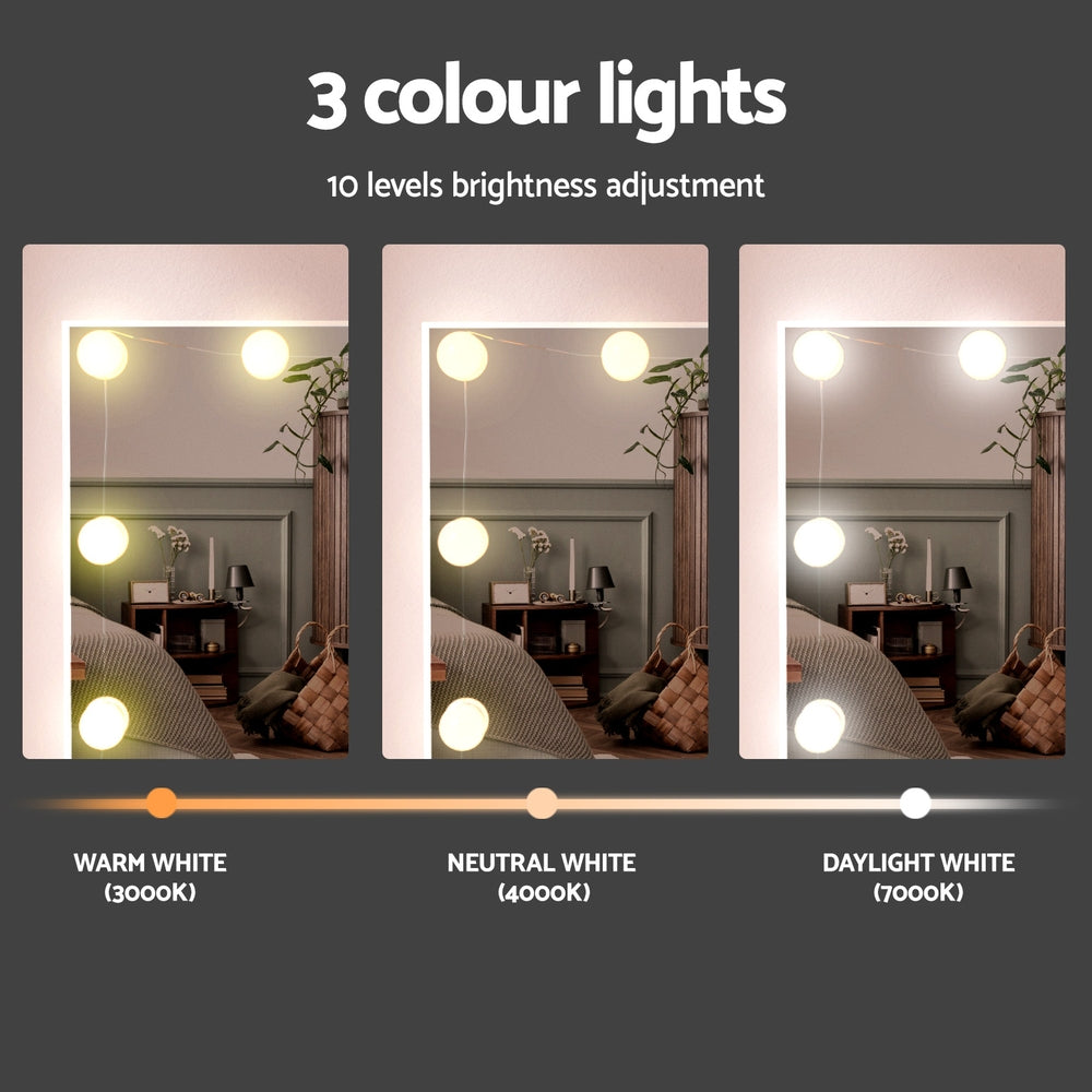 Dressing Table Set Stool 10 Led Bulbs White showing three adjustable LED light colors: warm, neutral, and daylight white