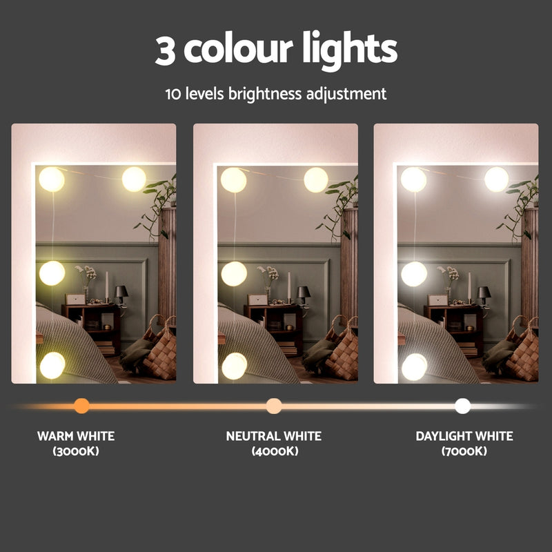 Dressing Table Set Stool 10 Led Bulbs White showing three adjustable LED light colors: warm, neutral, and daylight white