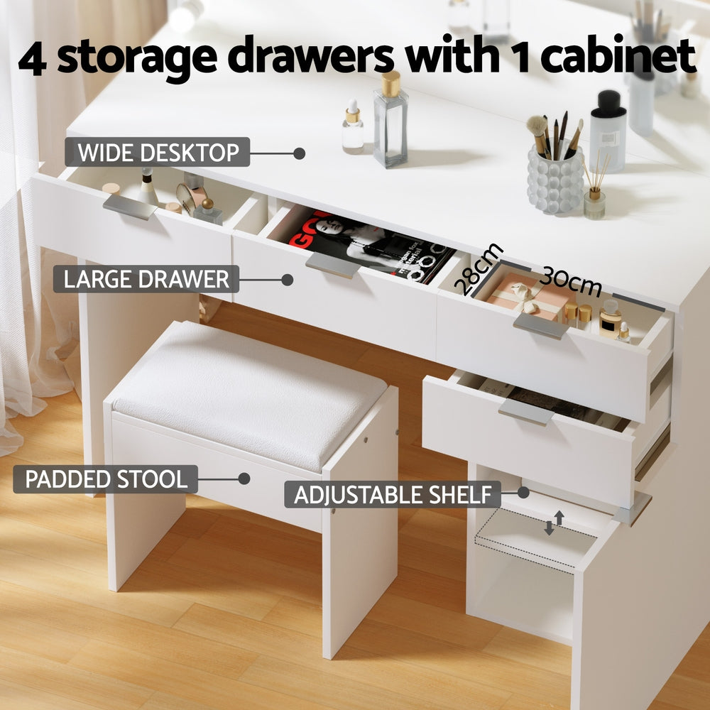 Dressing Table Set Stool 10 Led Bulbs White with four drawers, padded stool, adjustable shelf, and wide desktop in bedroom setting