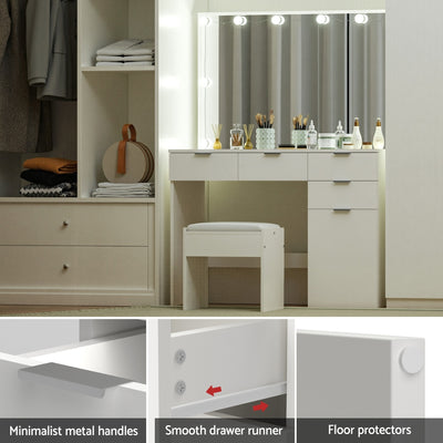 Dressing Table Set Stool 10 Led Bulbs White with illuminated mirror, drawers, stool, and bedroom furniture setup.