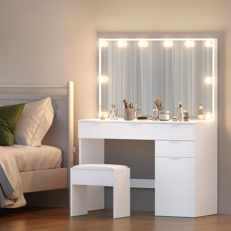 Dressing Table Set Stool 10 Led Bulbs White with illuminated mirror, makeup accessories, and matching white stool in bedroom setting