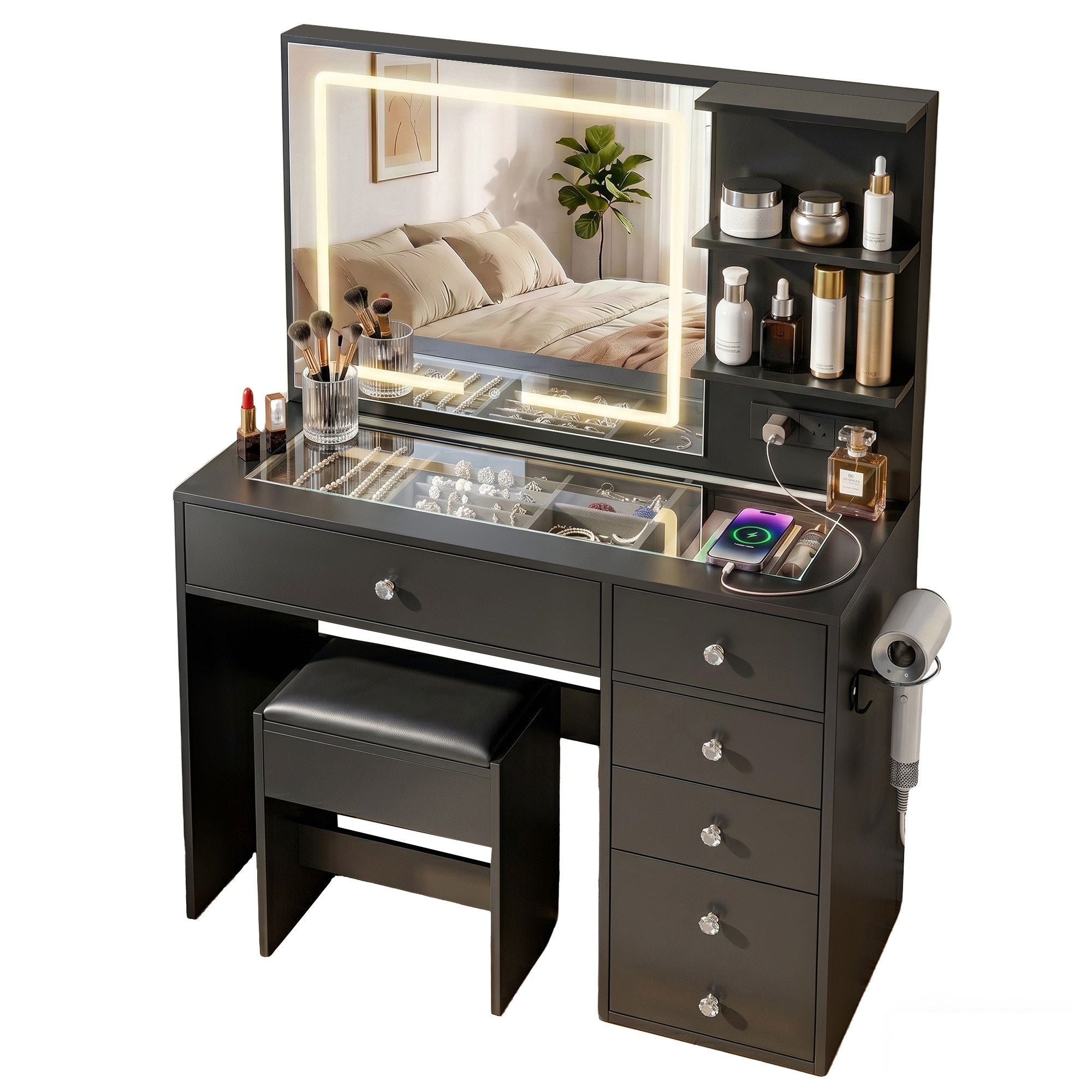 Dressing Table LED Vanity Desk Set Stool Black
