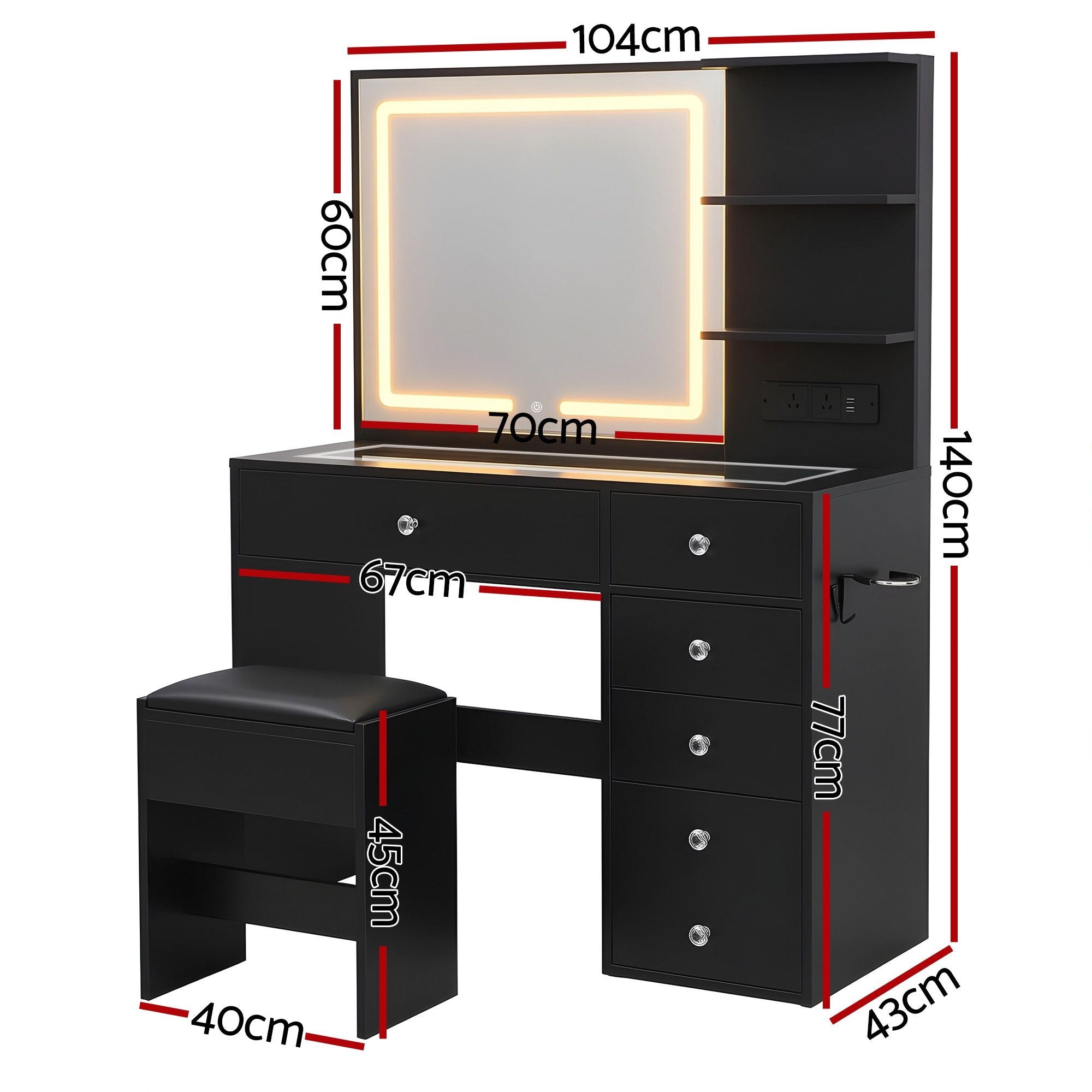 Dressing Table LED Vanity Desk Set Stool Black