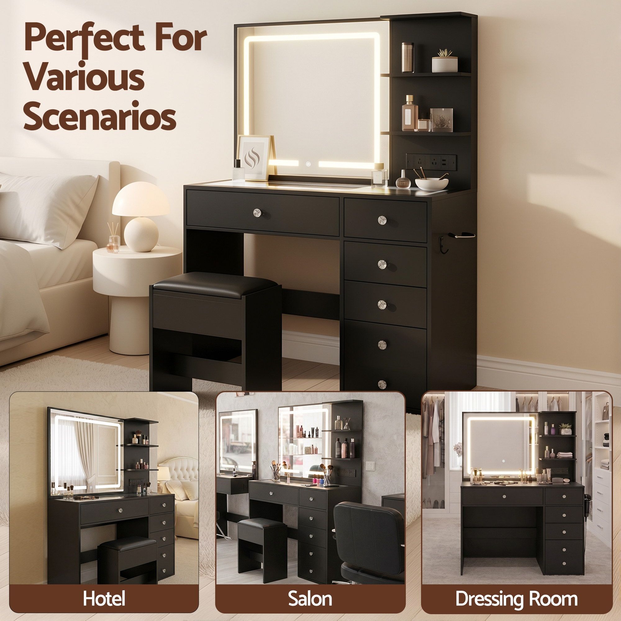 Dressing Table LED Vanity Desk Set Stool Black