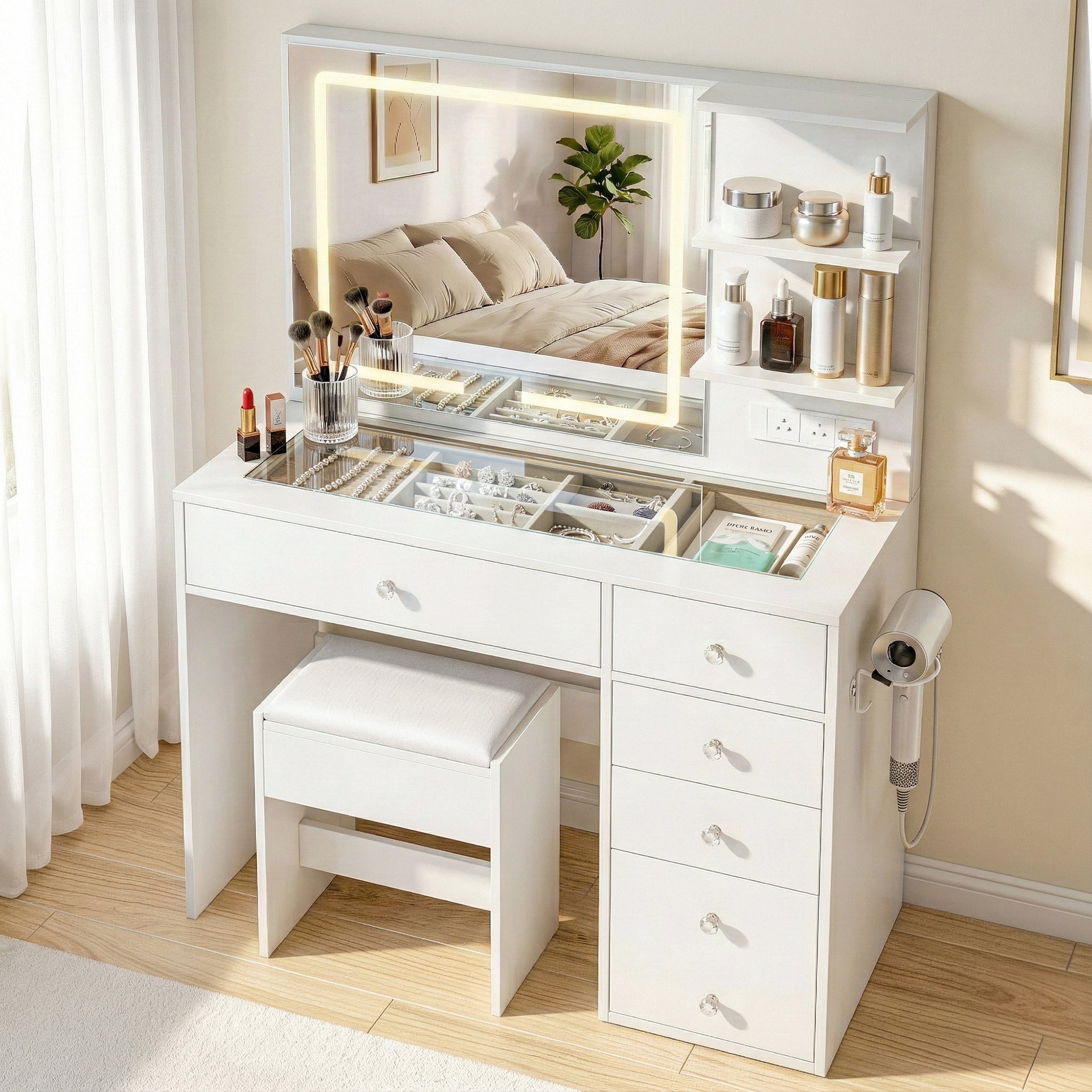 Dressing Table LED Vanity Desk Set Stool White with illuminated mirror, storage drawers, and organized makeup compartments