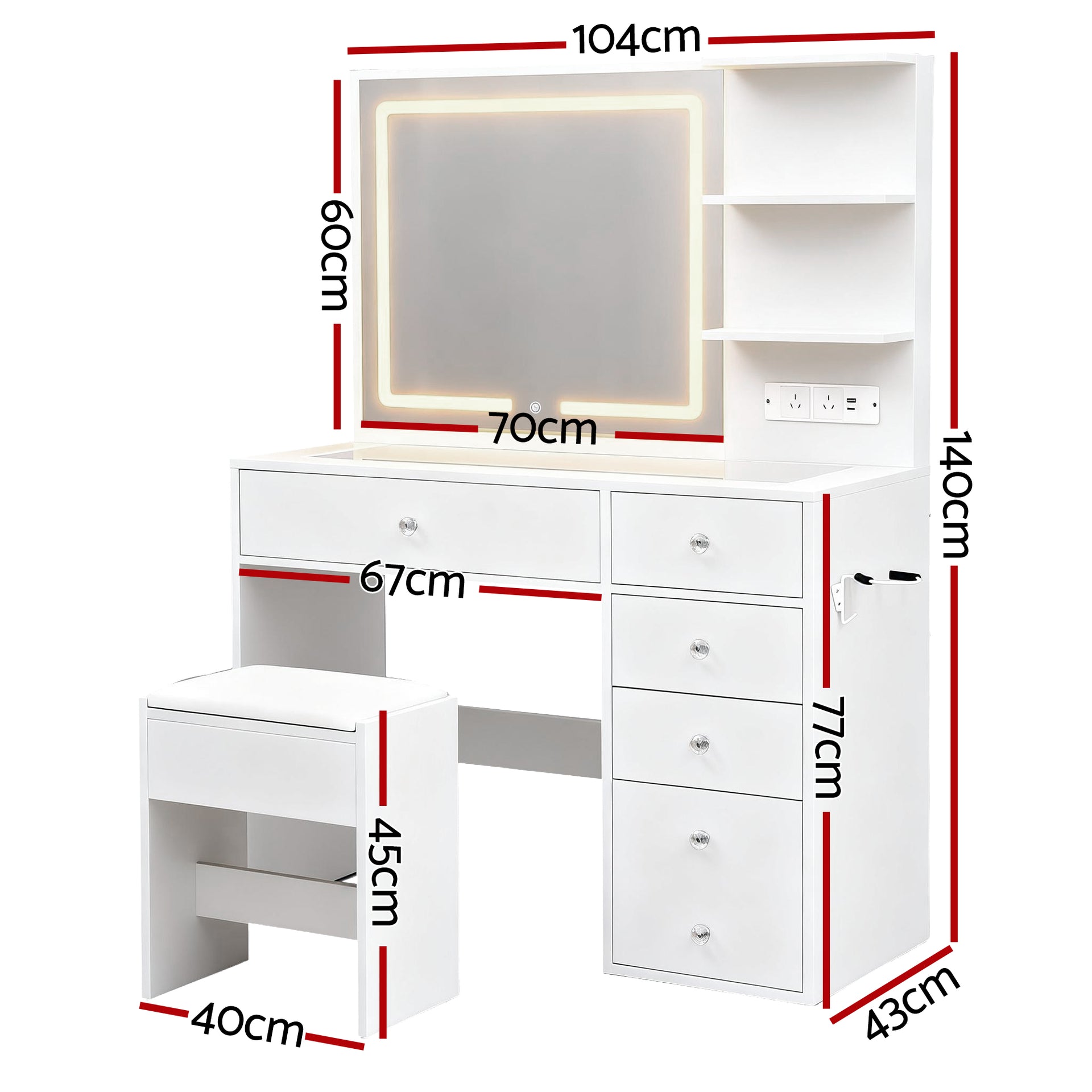 Dressing Table LED Vanity Desk Set Stool White with LED mirror, multiple drawers, shelves, and cushioned stool