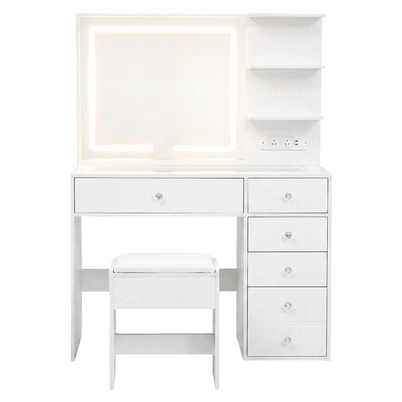 Dressing Table LED Vanity Desk Set Stool White with LED-lit mirror, multiple drawers, open shelves, and cushioned stool.