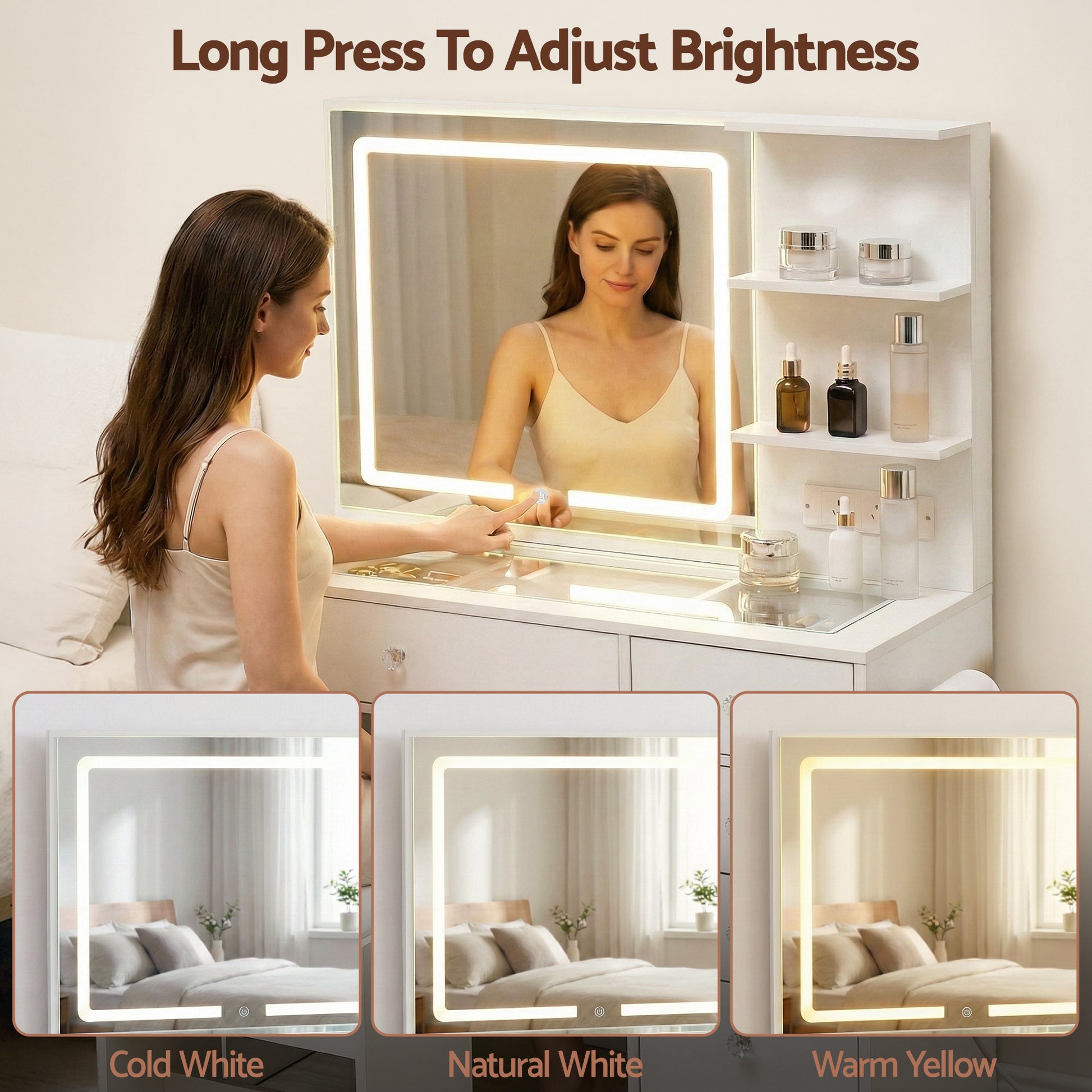 Dressing Table LED Vanity Desk Set Stool White with illuminated mirror showing cold, natural, and warm light modes