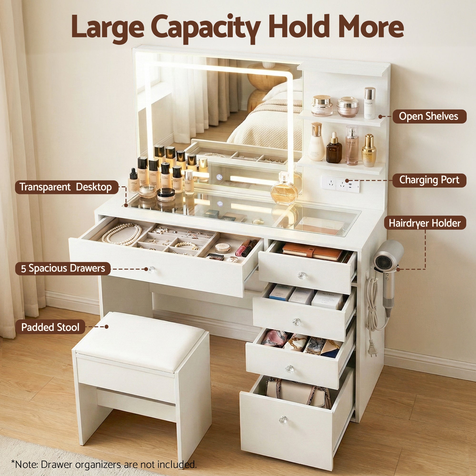 Dressing Table LED Vanity Desk Set Stool White