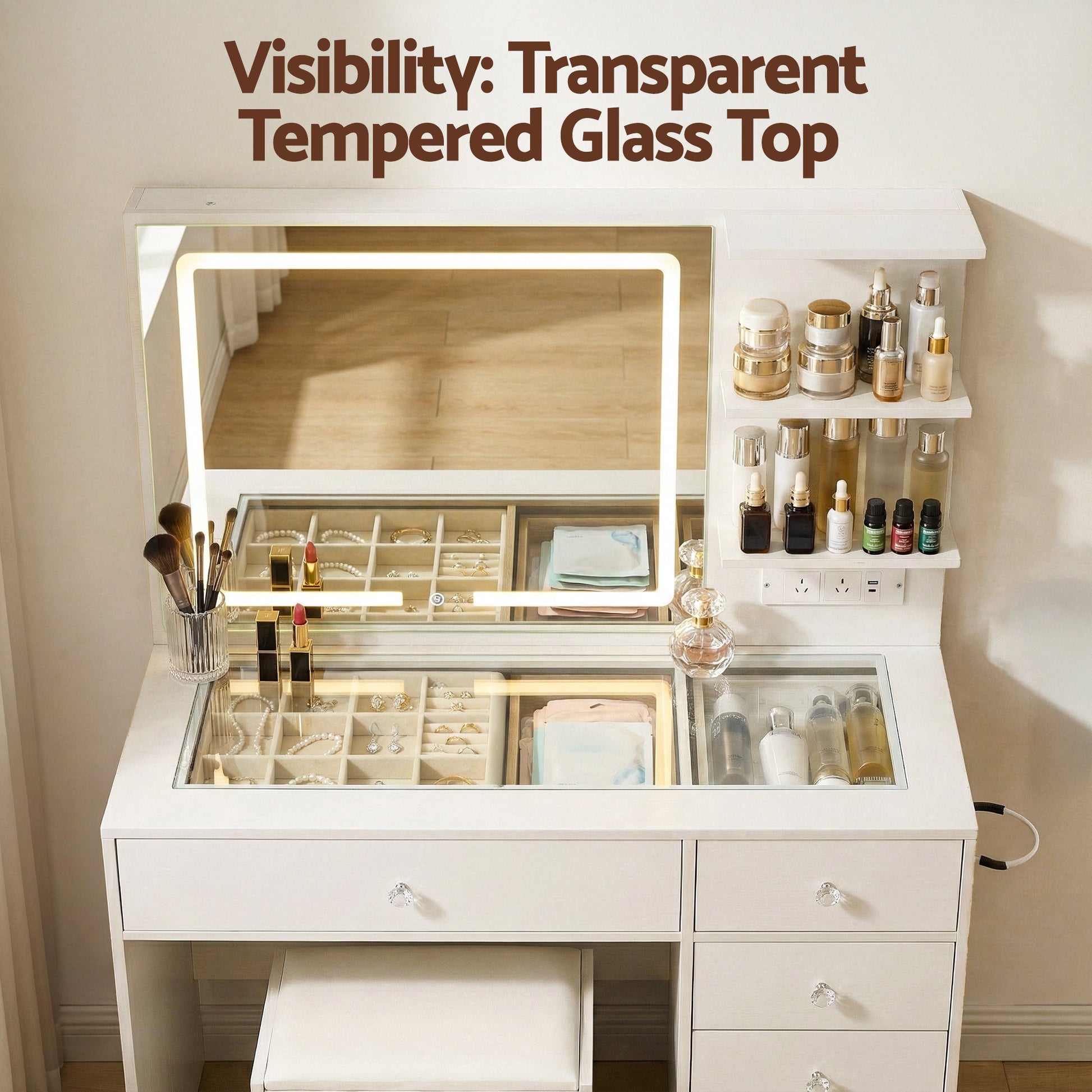 Dressing Table LED Vanity Desk Set Stool White with transparent tempered glass top and organized cosmetic storage compartments