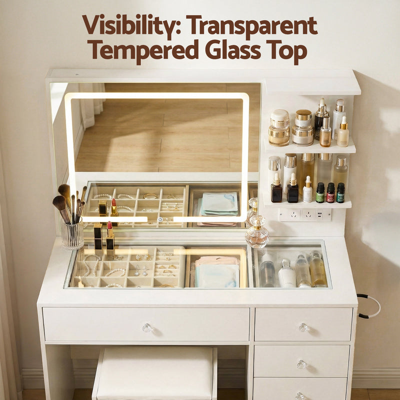 Dressing Table LED Vanity Desk Set Stool White with transparent tempered glass top and organized cosmetic storage compartments