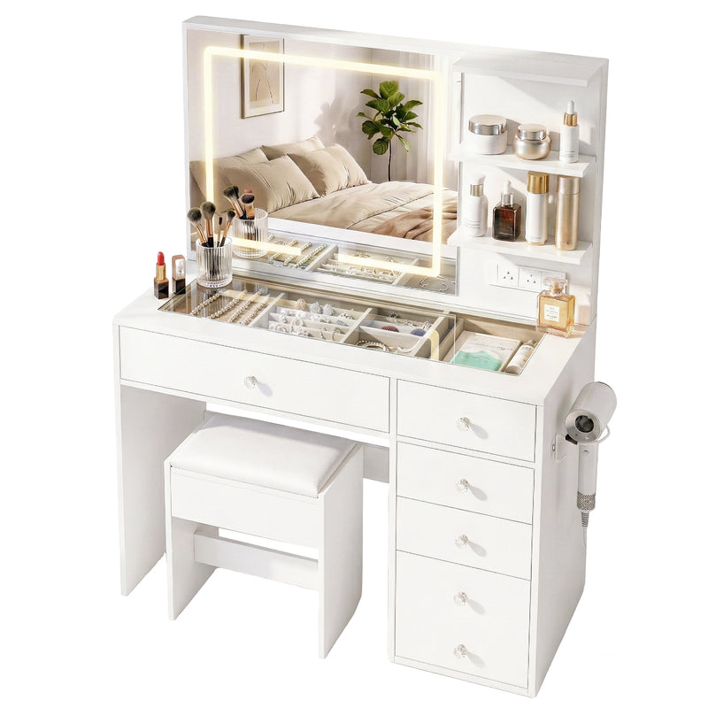 Dressing Table LED Vanity Desk Set Stool White with LED mirror, multiple drawers, makeup storage, and hairdryer holder