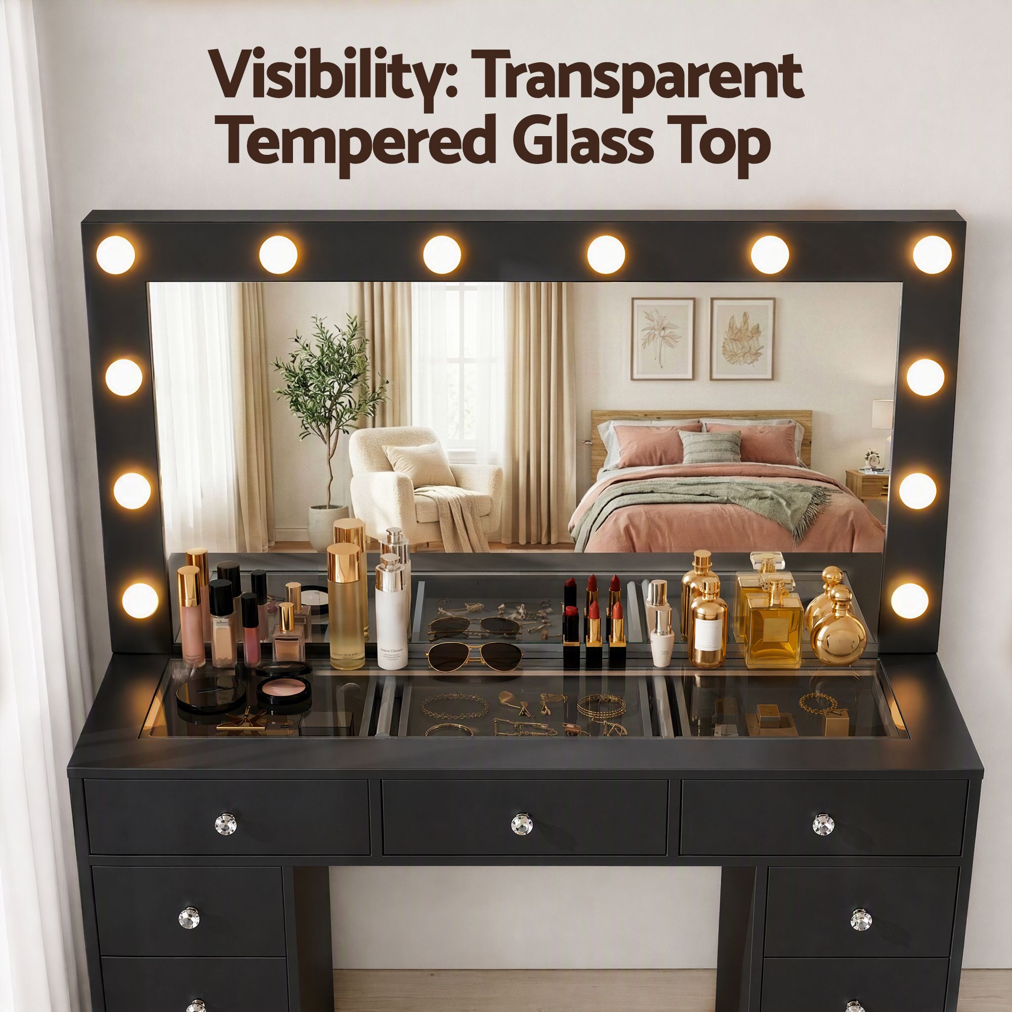 Dressing Table Charging Station LED Vanity Desk Set Stool Glass Top Make up Mirror Storage Drawer Black