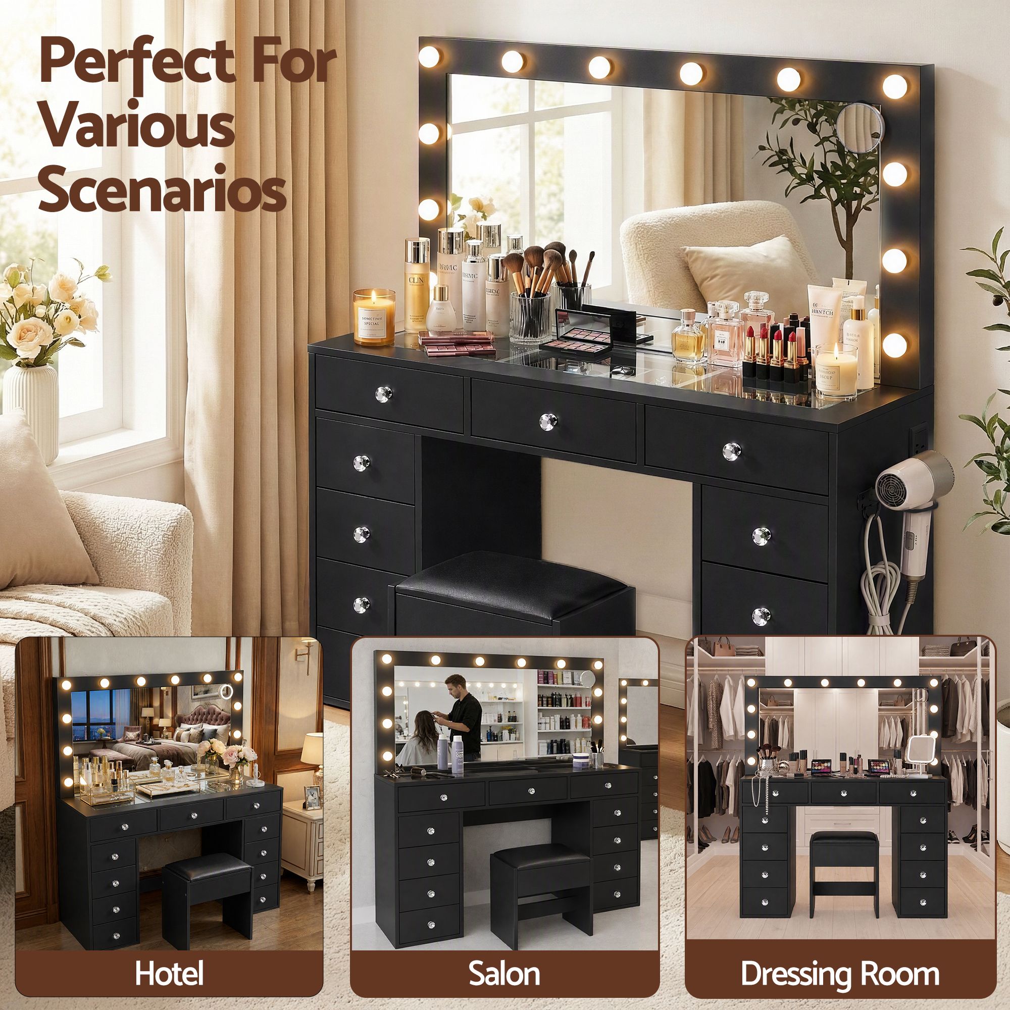 Dressing Table Charging Station LED Vanity Desk Set Stool Glass Top Make up Mirror Storage Drawer Black