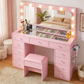 Dressing Table Charging Station LED Vanity Desk Set Stool Glass Top Make up Mirror Storage Drawer Pink