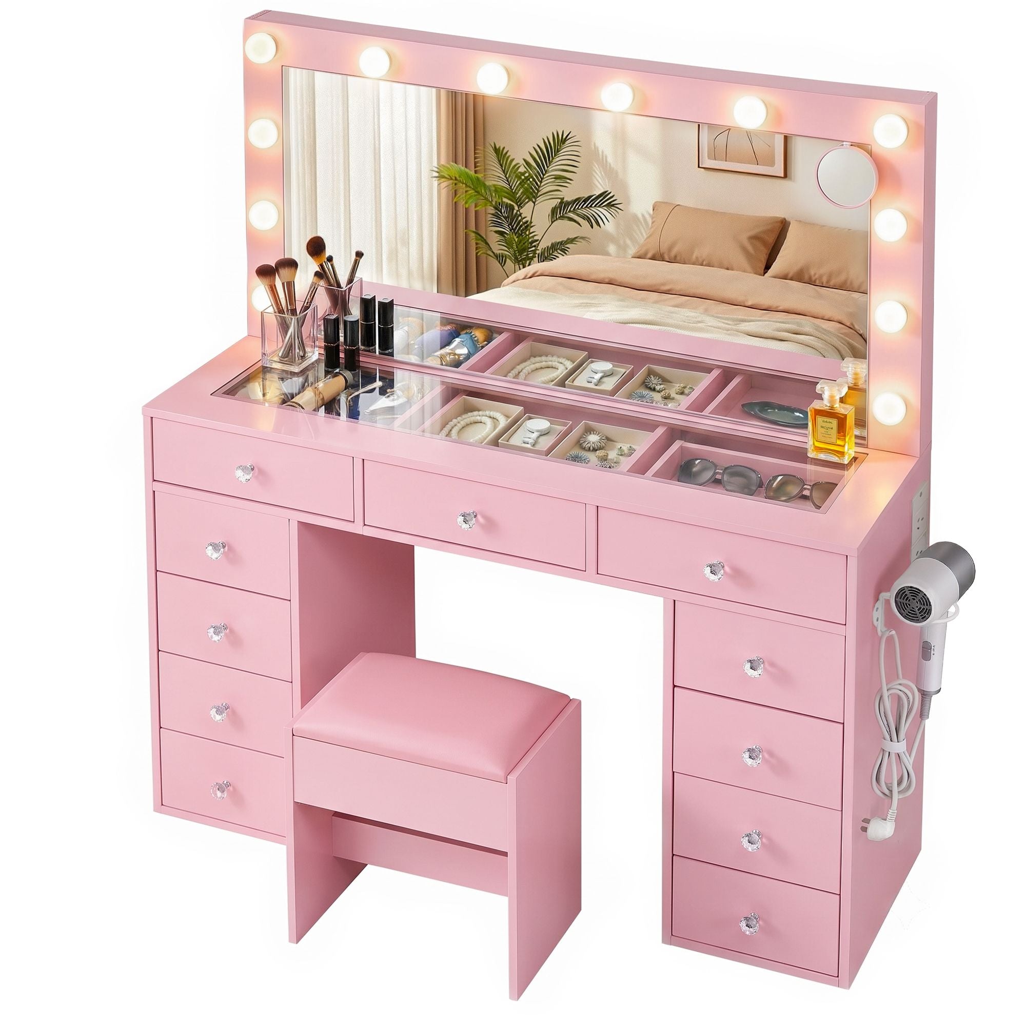 Dressing Table Charging Station LED Vanity Desk Set Stool Glass Top Make up Mirror Storage Drawer Pink