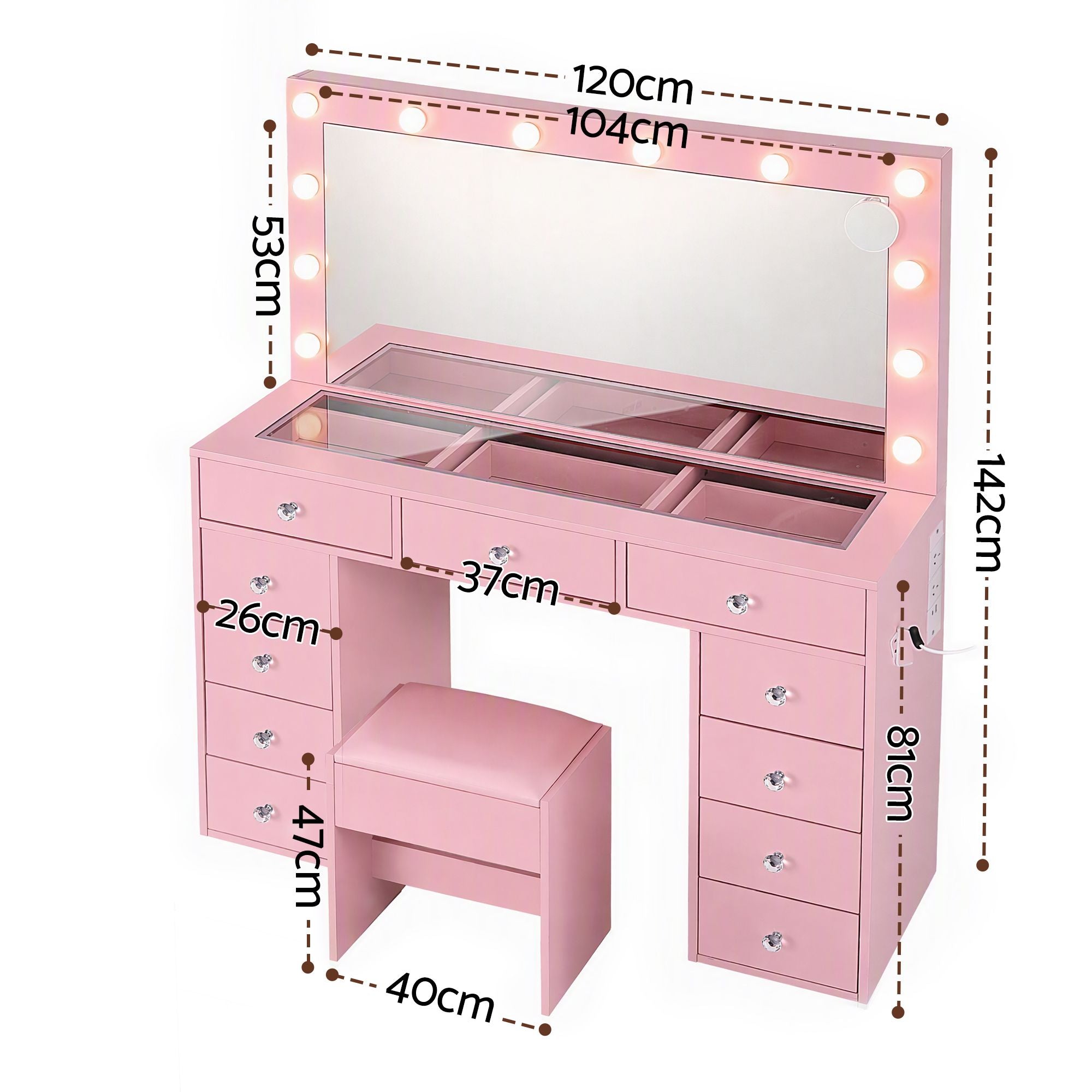Dressing Table Charging Station LED Vanity Desk Set Stool Glass Top Make up Mirror Storage Drawer Pink