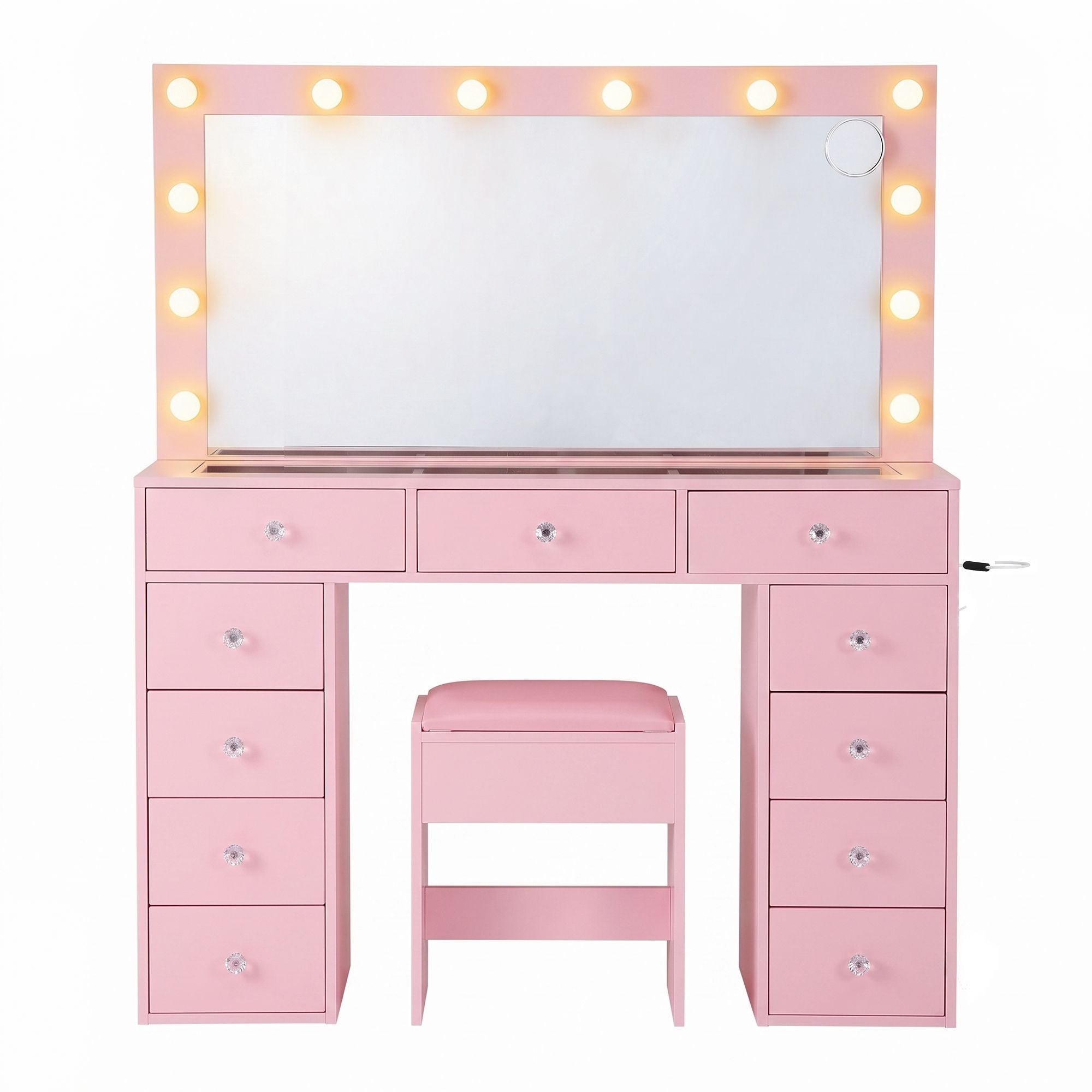 Dressing Table Charging Station LED Vanity Desk Set Stool Glass Top Make up Mirror Storage Drawer Pink