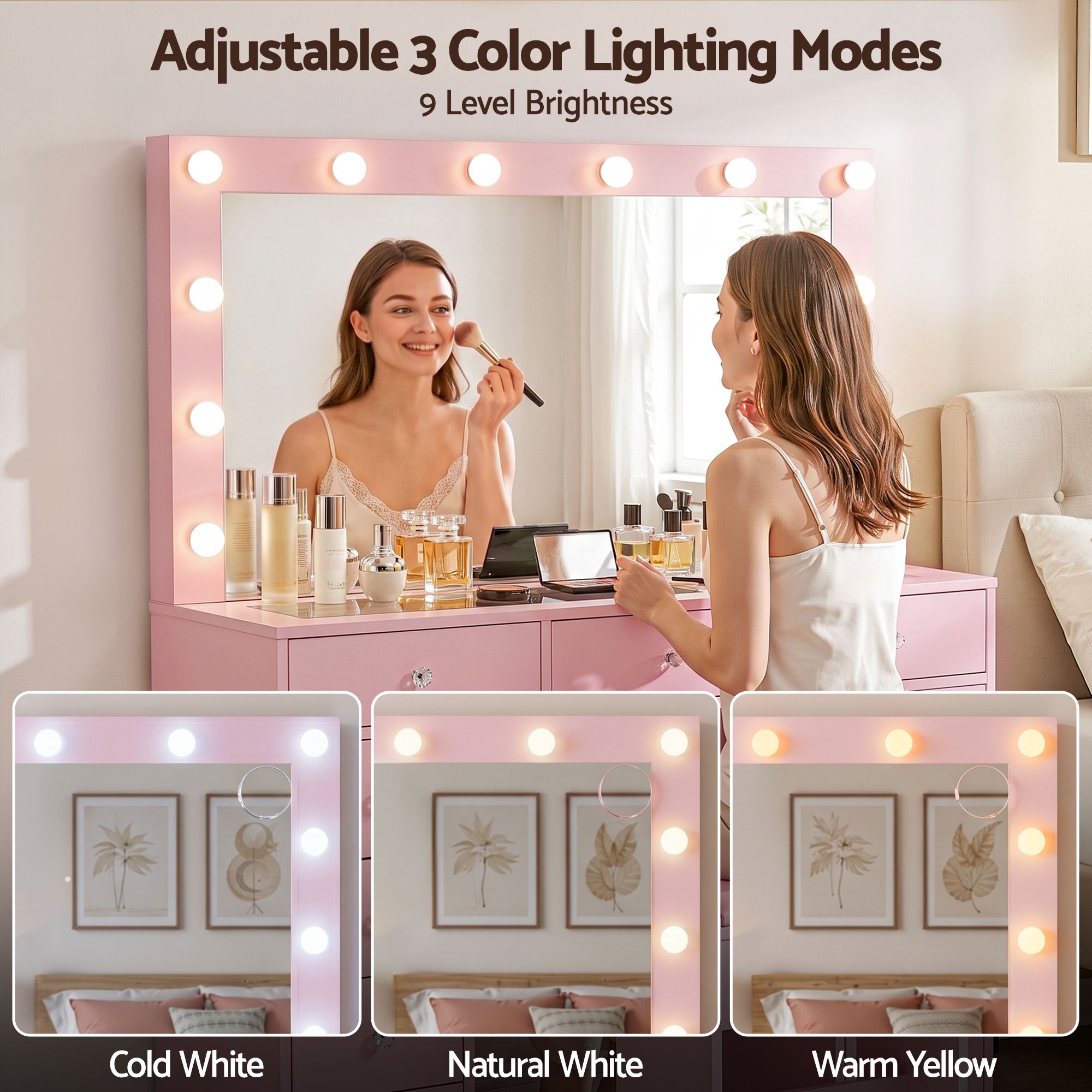 Dressing Table Charging Station LED Vanity Desk Set Stool Glass Top Make up Mirror Storage Drawer Pink