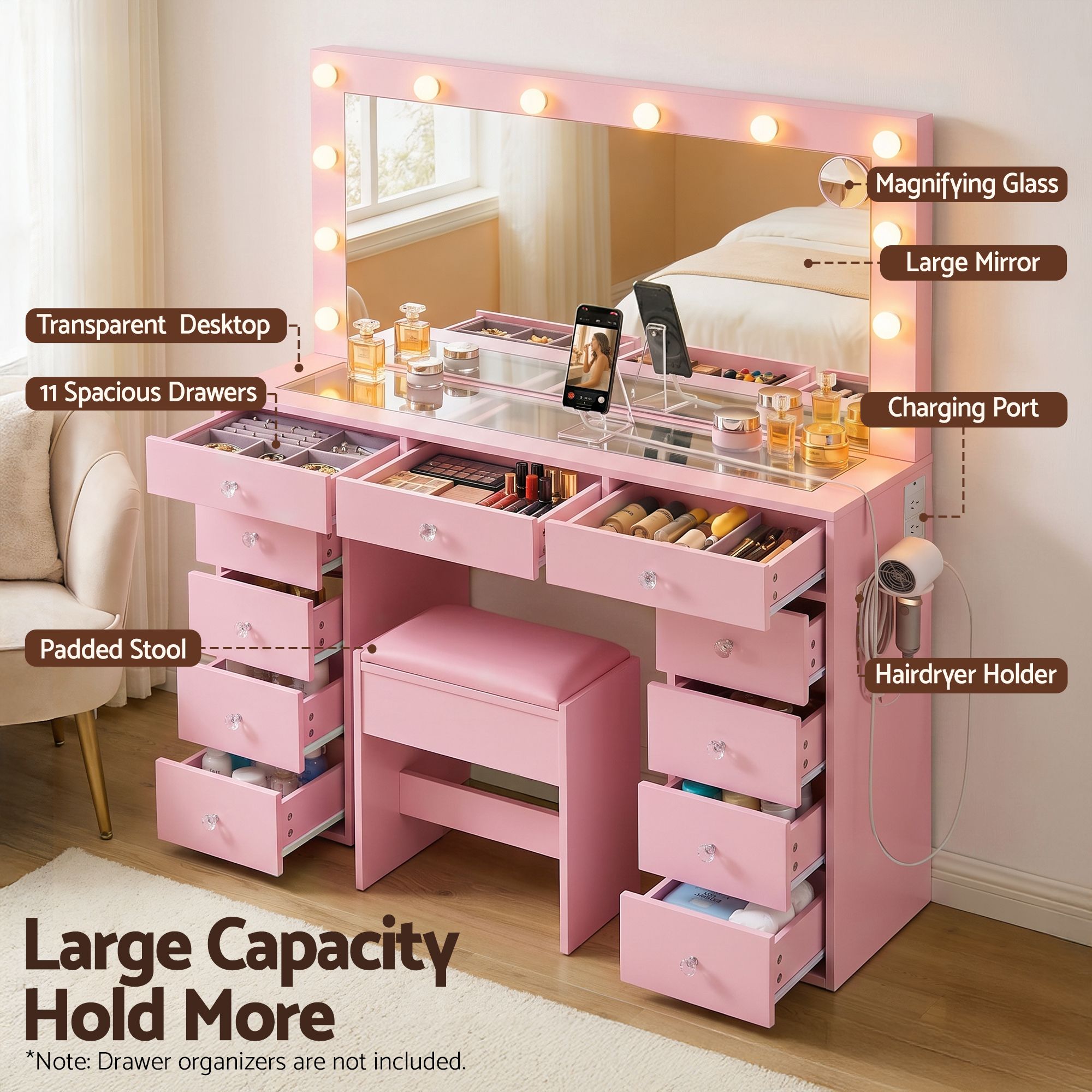 Dressing Table Charging Station LED Vanity Desk Set Stool Glass Top Make up Mirror Storage Drawer Pink