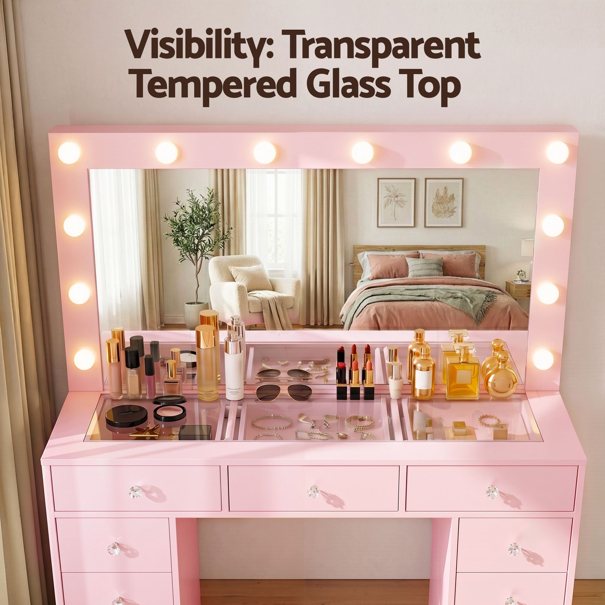 Dressing Table Charging Station LED Vanity Desk Set Stool Glass Top Make up Mirror Storage Drawer Pink