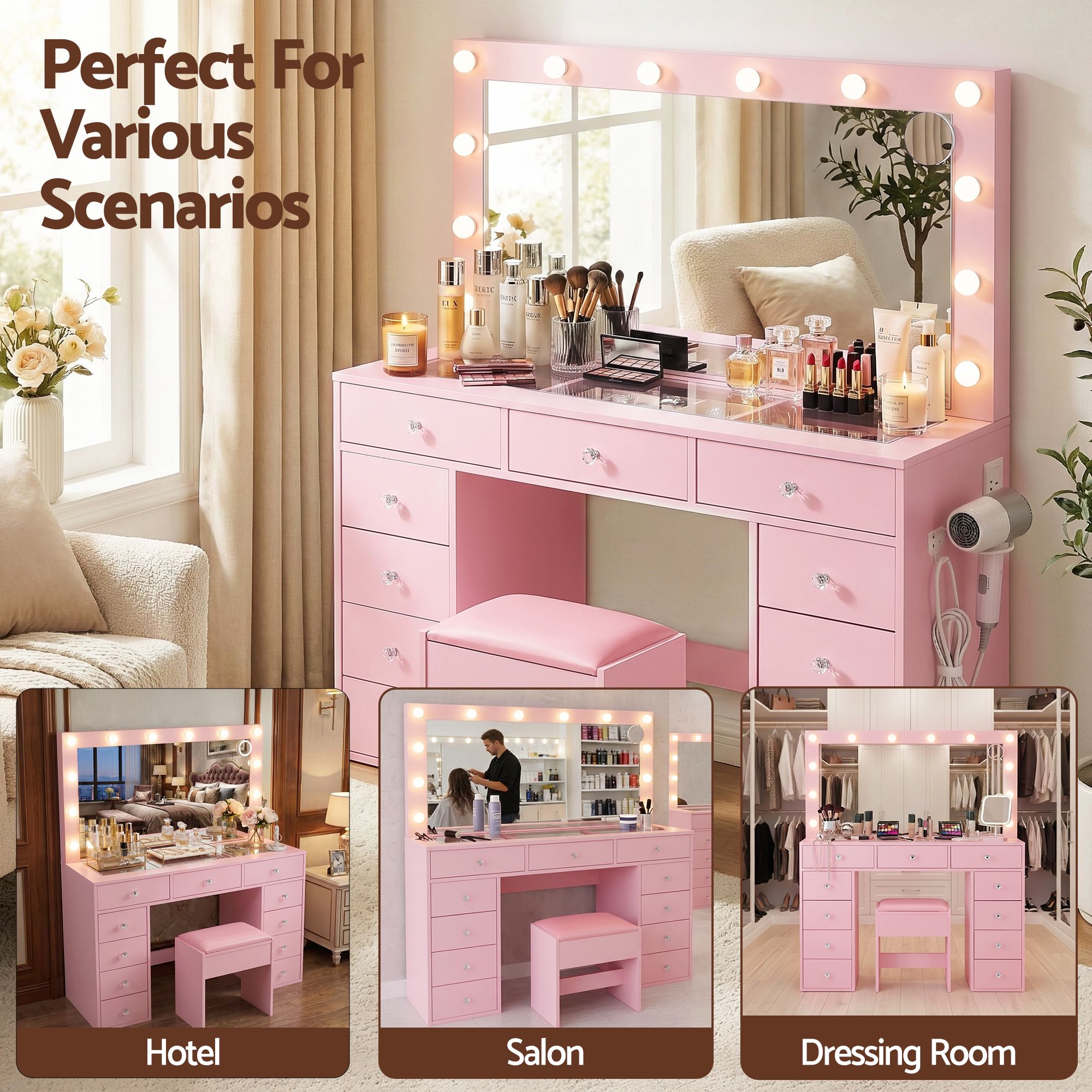 Dressing Table Charging Station LED Vanity Desk Set Stool Glass Top Make up Mirror Storage Drawer Pink
