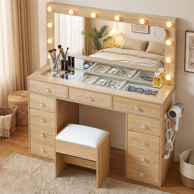 Dressing Table Vanity Desk Set Stool LED Bulbs Wood with illuminated mirror, storage drawers, and cushioned stool in bedroom setting