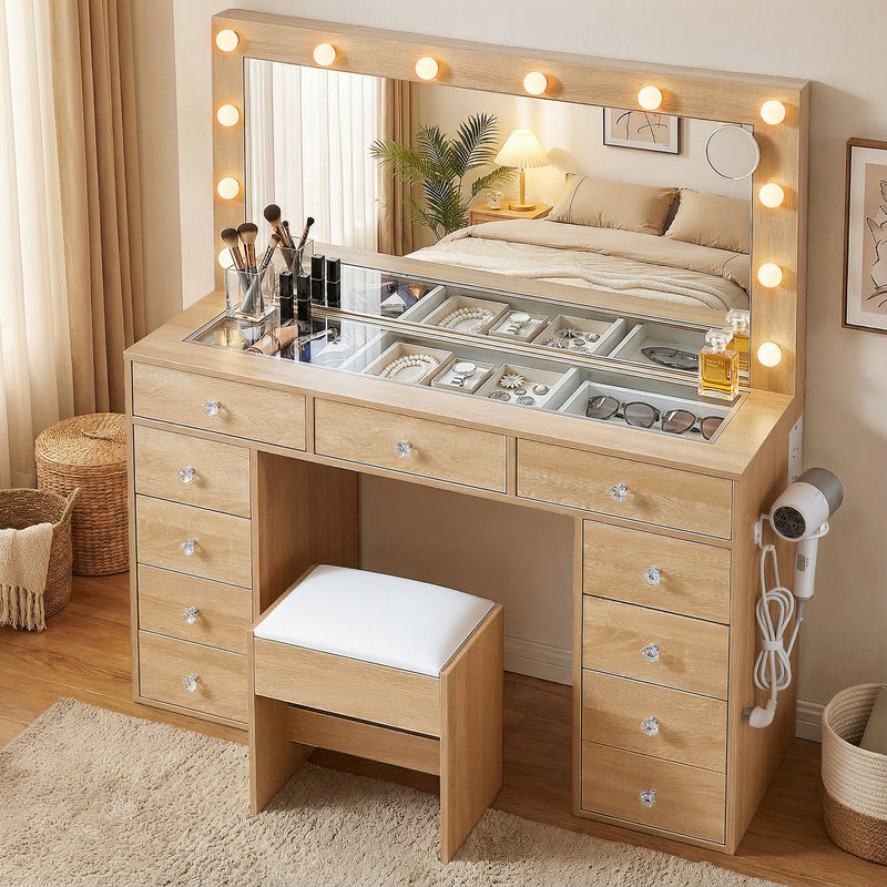Dressing Table Vanity Desk Set Stool LED Bulbs Wood with illuminated mirror, storage drawers, and cushioned stool in bedroom setting