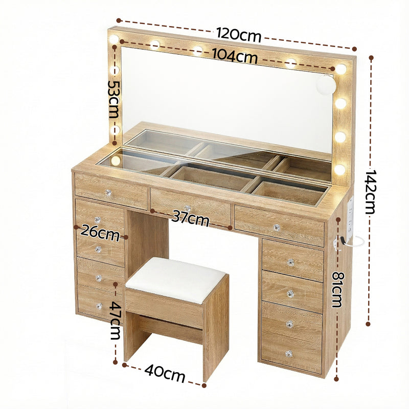 Dressing Table Vanity Desk Set Stool LED Bulbs Wood with glass top drawers and white cushioned stool shown with dimensions