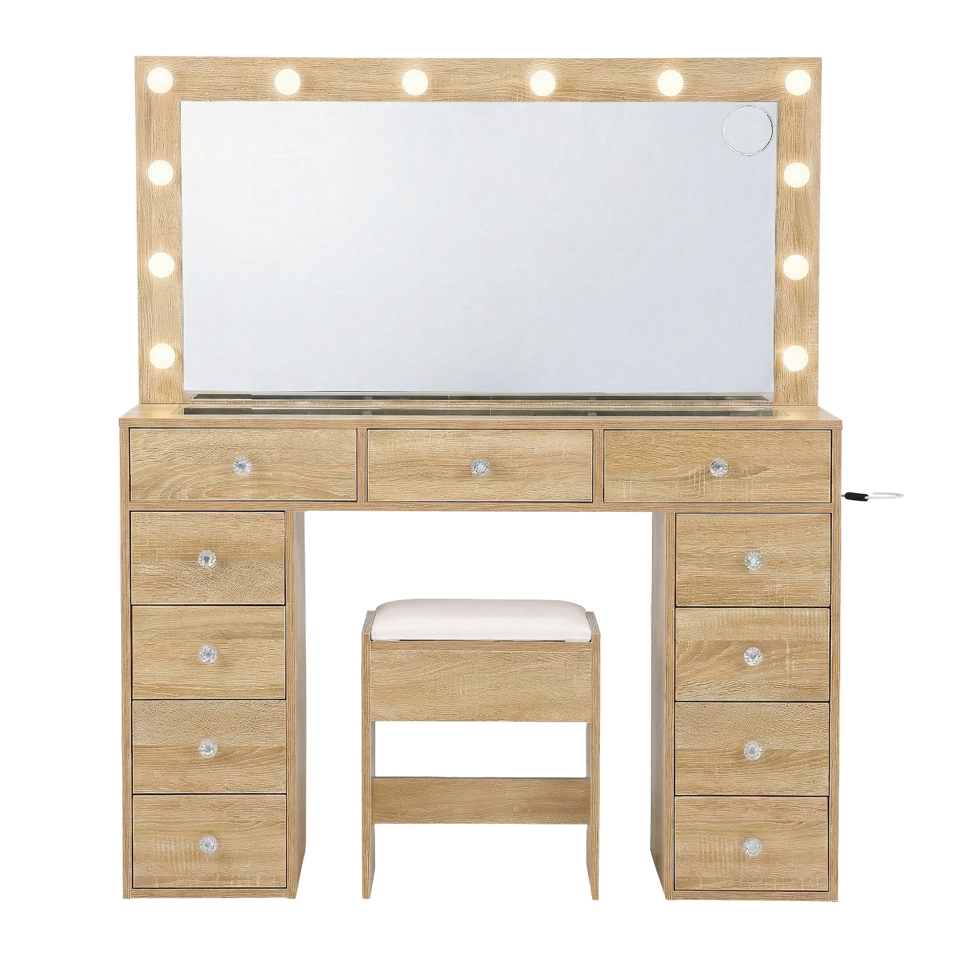 Dressing Table Vanity Desk Set Stool LED Bulbs Wood with wooden drawers and illuminated mirror for bedroom furniture.