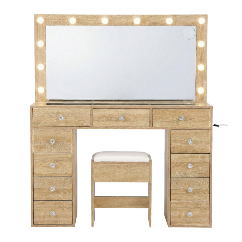 Dressing Table Vanity Desk Set Stool LED Bulbs Wood with wooden drawers and illuminated mirror for bedroom furniture.