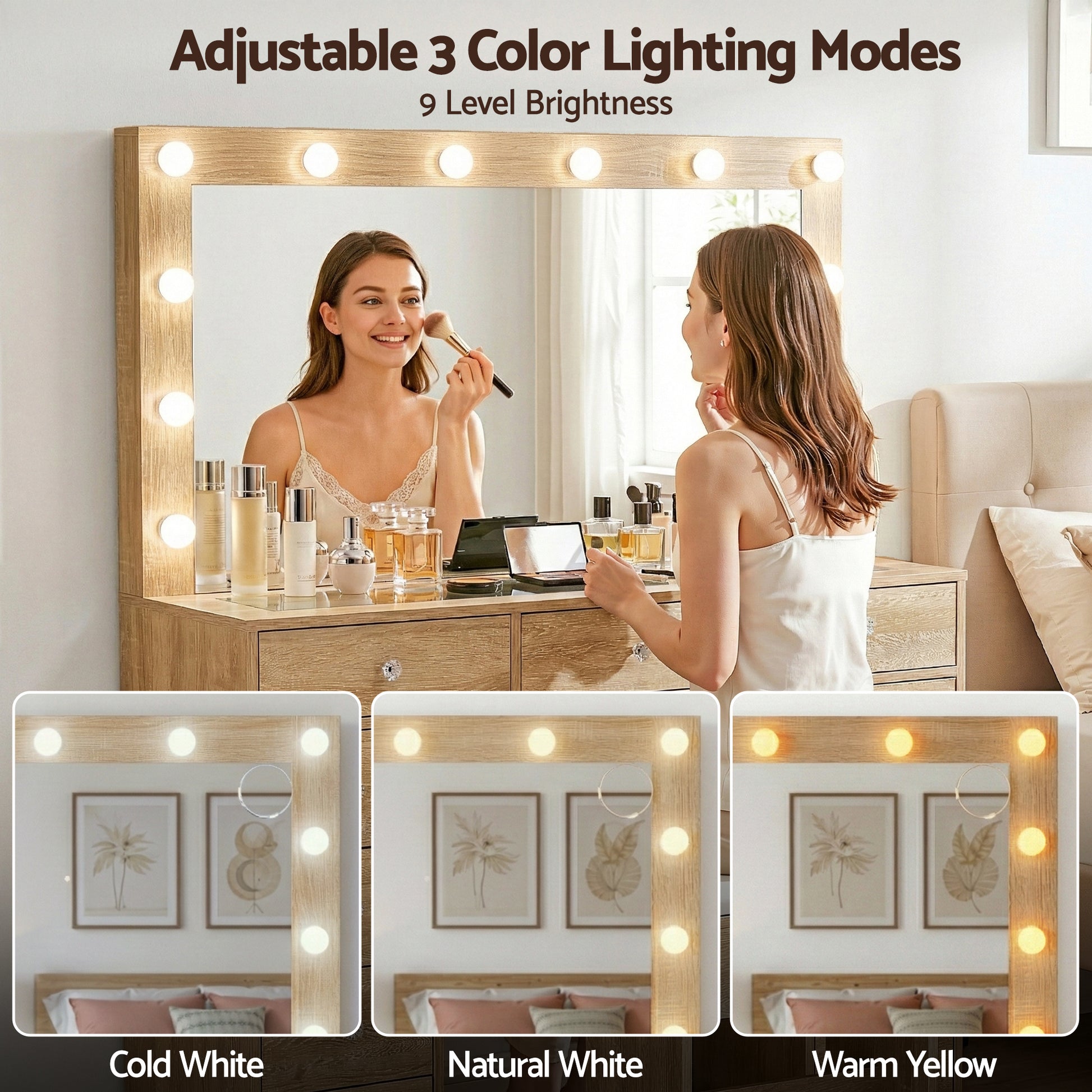 Dressing Table Vanity Desk Set Stool LED Bulbs Wood with adjustable 3-color lighting and 9 brightness levels in bedroom setting