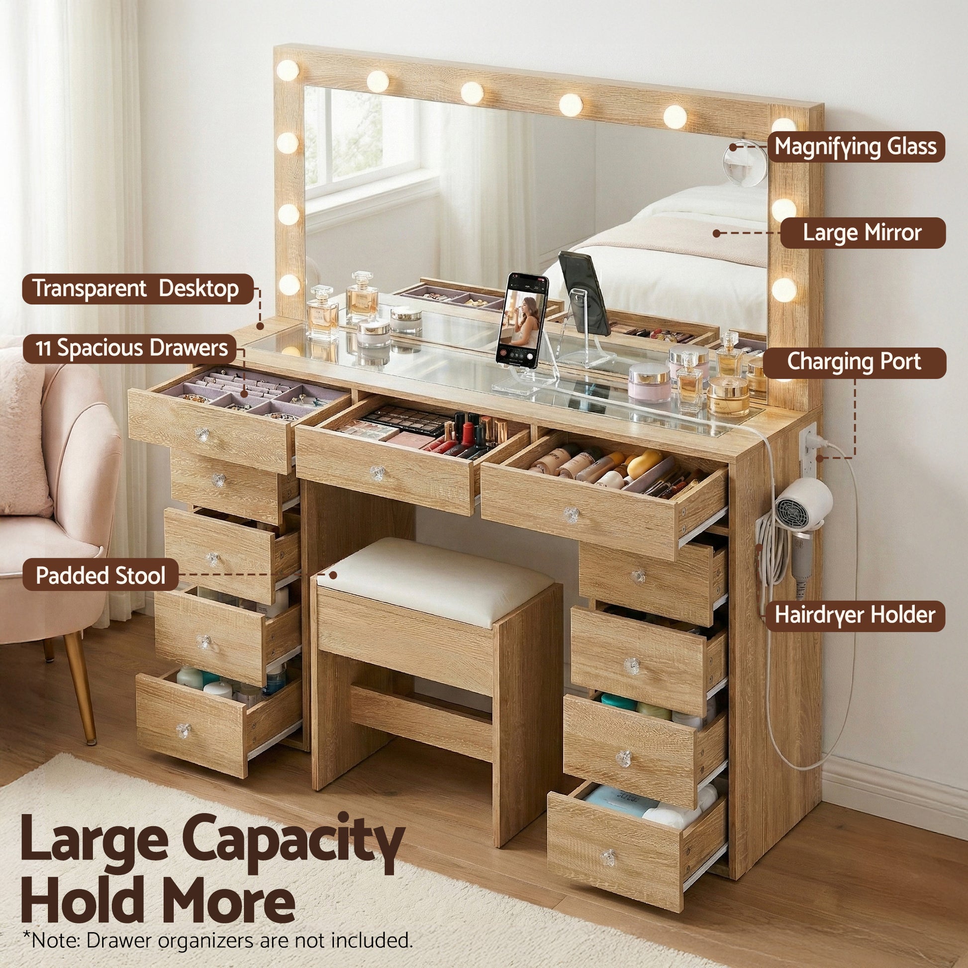 Dressing Table Vanity Desk Set Stool LED Bulbs Wood with large mirror, 11 drawers, padded stool, and charging port